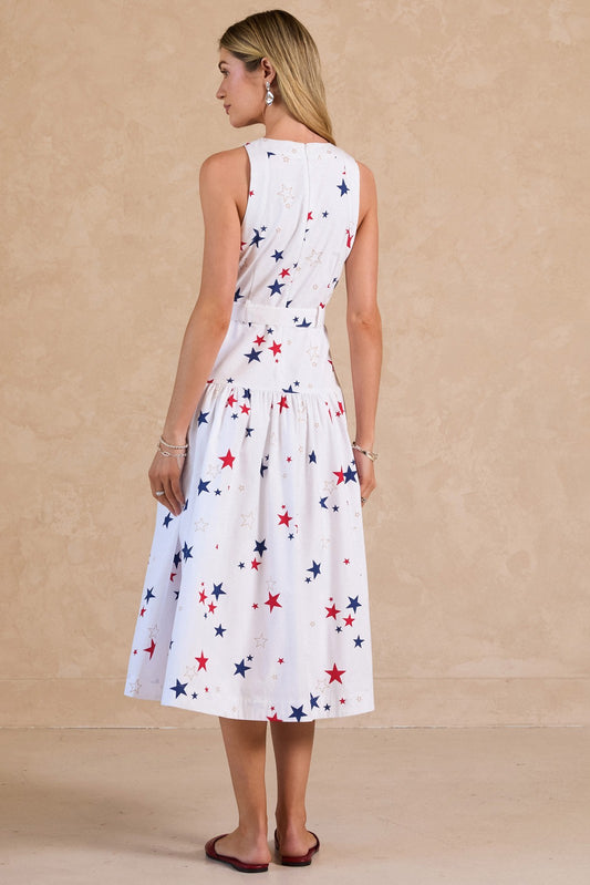 Current Air - Star Print Halter Neck Sleeveless A-Line Midi Dress w/Buckle Belt