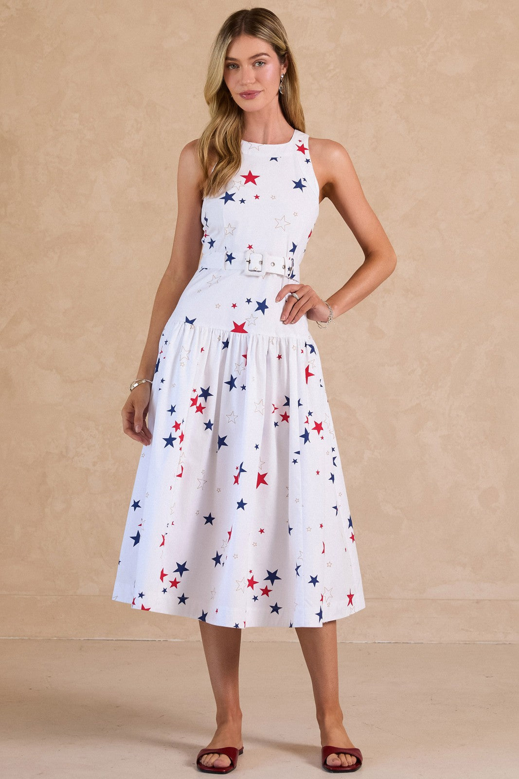 Current Air - Star Print Halter Neck Sleeveless A-Line Midi Dress w/Buckle Belt