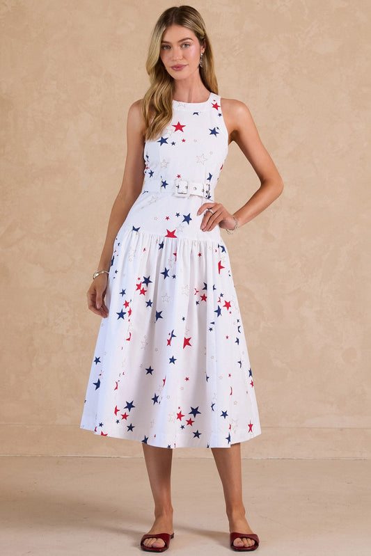 Current Air - Star Print Halter Neck Sleeveless A-Line Midi Dress w/Buckle Belt