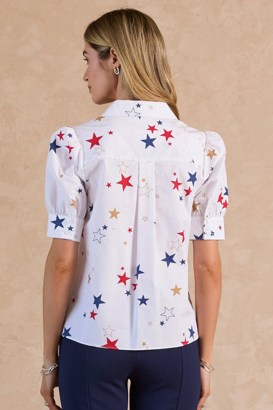 Current Air - Spread Collar Split Neck Short Sleeve Blouse w/Smocked Detail & Buttoned Cuff
