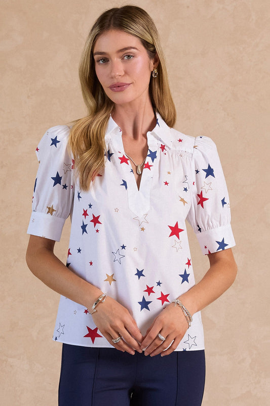 Current Air - Spread Collar Split Neck Short Sleeve Blouse w/Smocked Detail & Buttoned Cuff