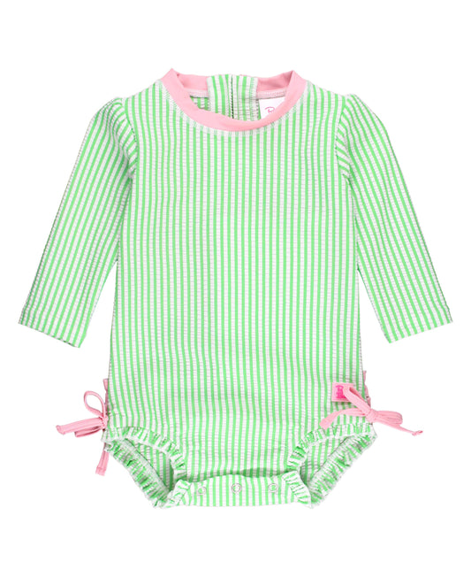 RuffleButts + RuggedButts - Baby Girls Spring Green Seersucker Long Sleeve One Piece Rash Guard Swimsuit with Signature Rear Ruffles