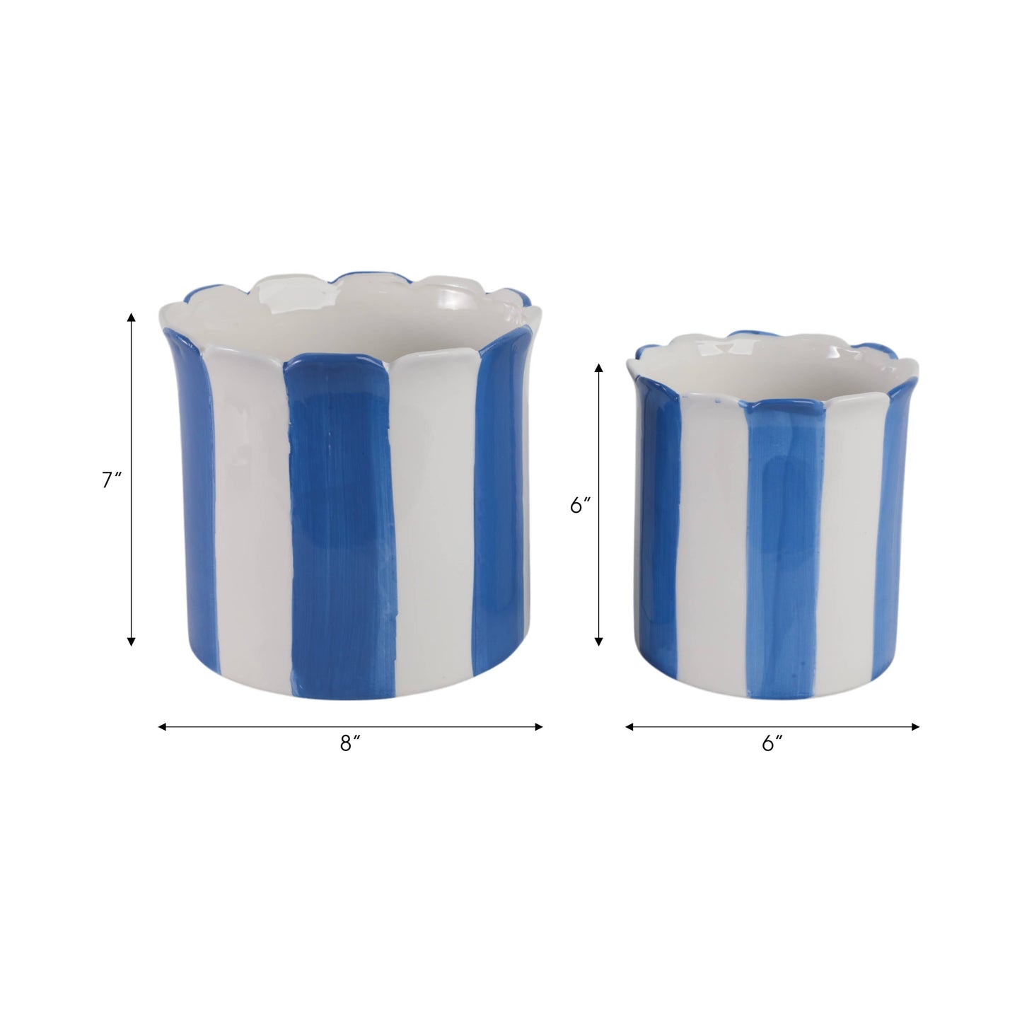 Sagebrook Home - Planters Set of 2 - Blue Ceramic Striped Scallop, 6/8 in.