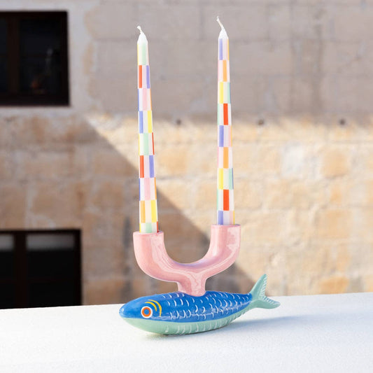 Talking Tables USA - Home, Party, Games and Seasonal Decor - Multicolor Check Taper Candles - 2 Pack | Summer Decor |