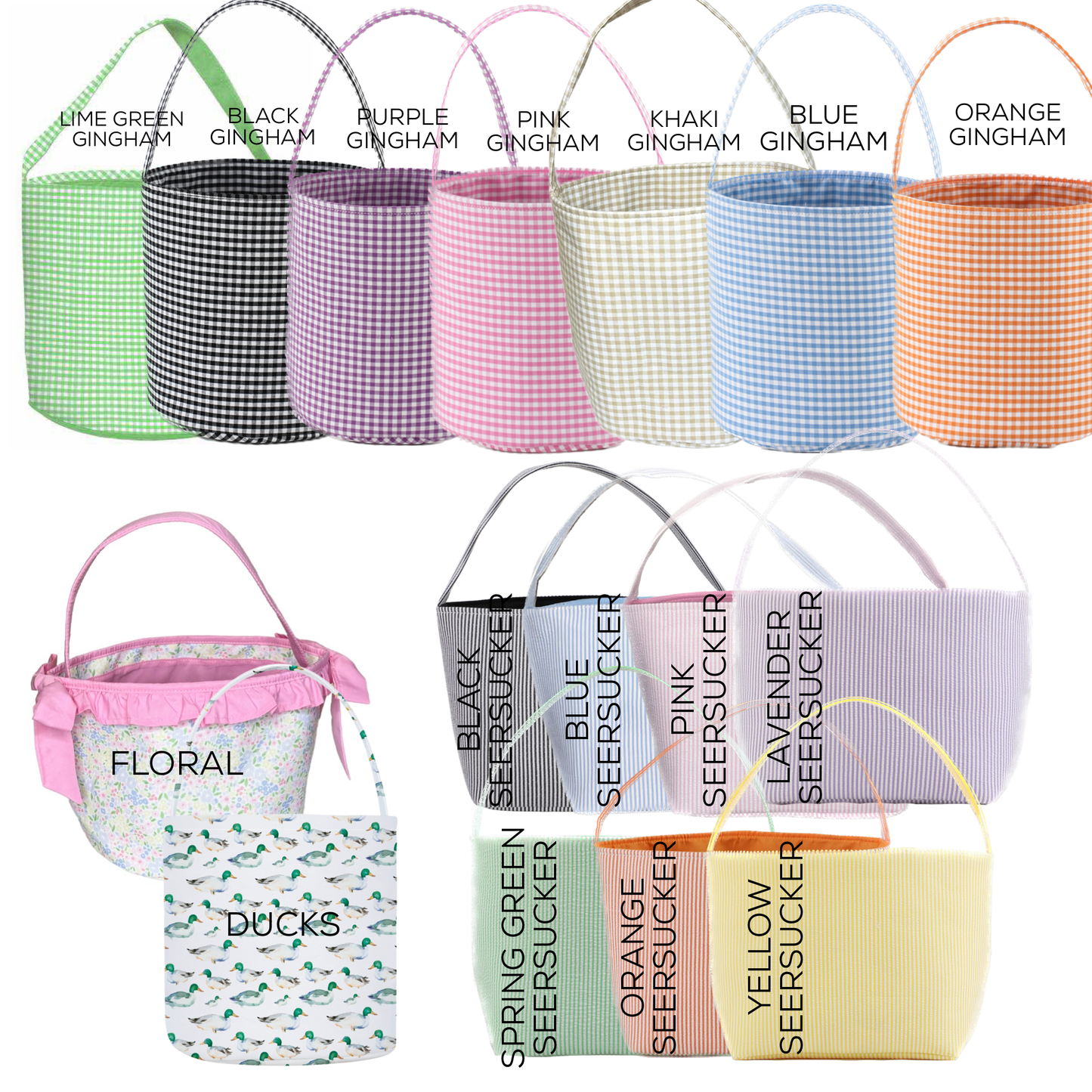 Love That Cotton - Gingham/Seersucker Bucket Bag - Easter Basket  with Egg Embroidery