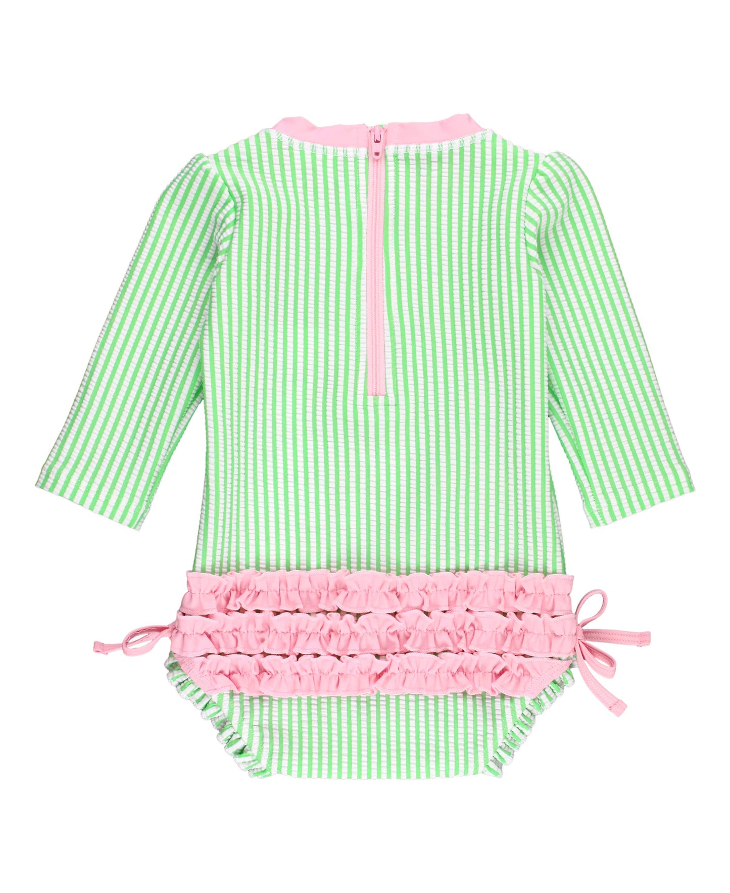 RuffleButts + RuggedButts - Baby Girls Spring Green Seersucker Long Sleeve One Piece Rash Guard Swimsuit with Signature Rear Ruffles