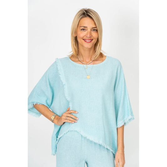 Look Mode - Linen Blend 3/4 Sleeve Top - Raw Edge