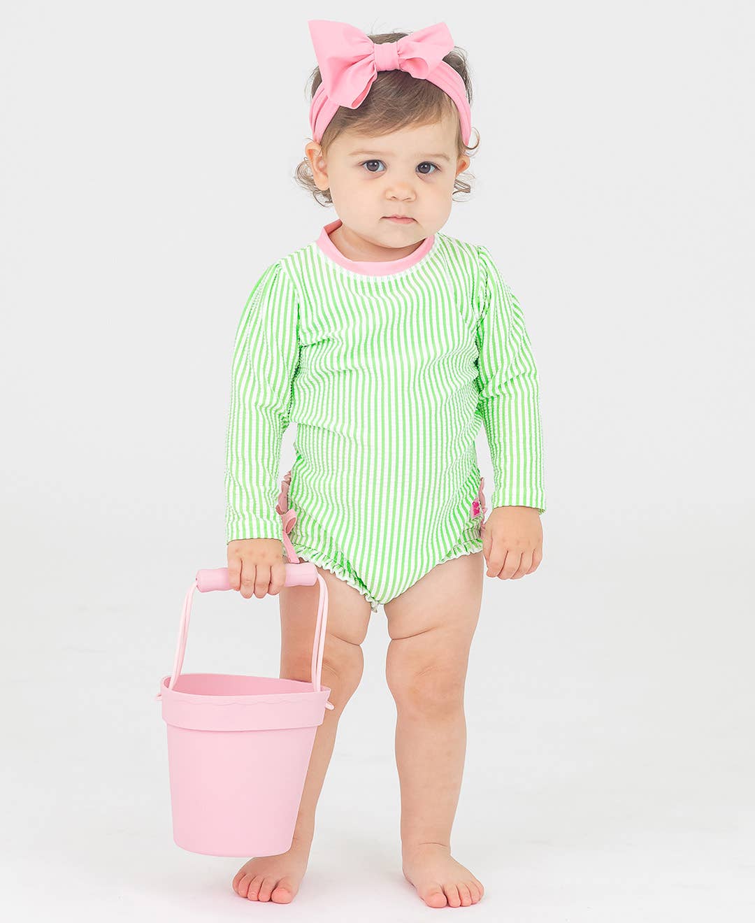 RuffleButts + RuggedButts - Baby Girls Spring Green Seersucker Long Sleeve One Piece Rash Guard Swimsuit with Signature Rear Ruffles