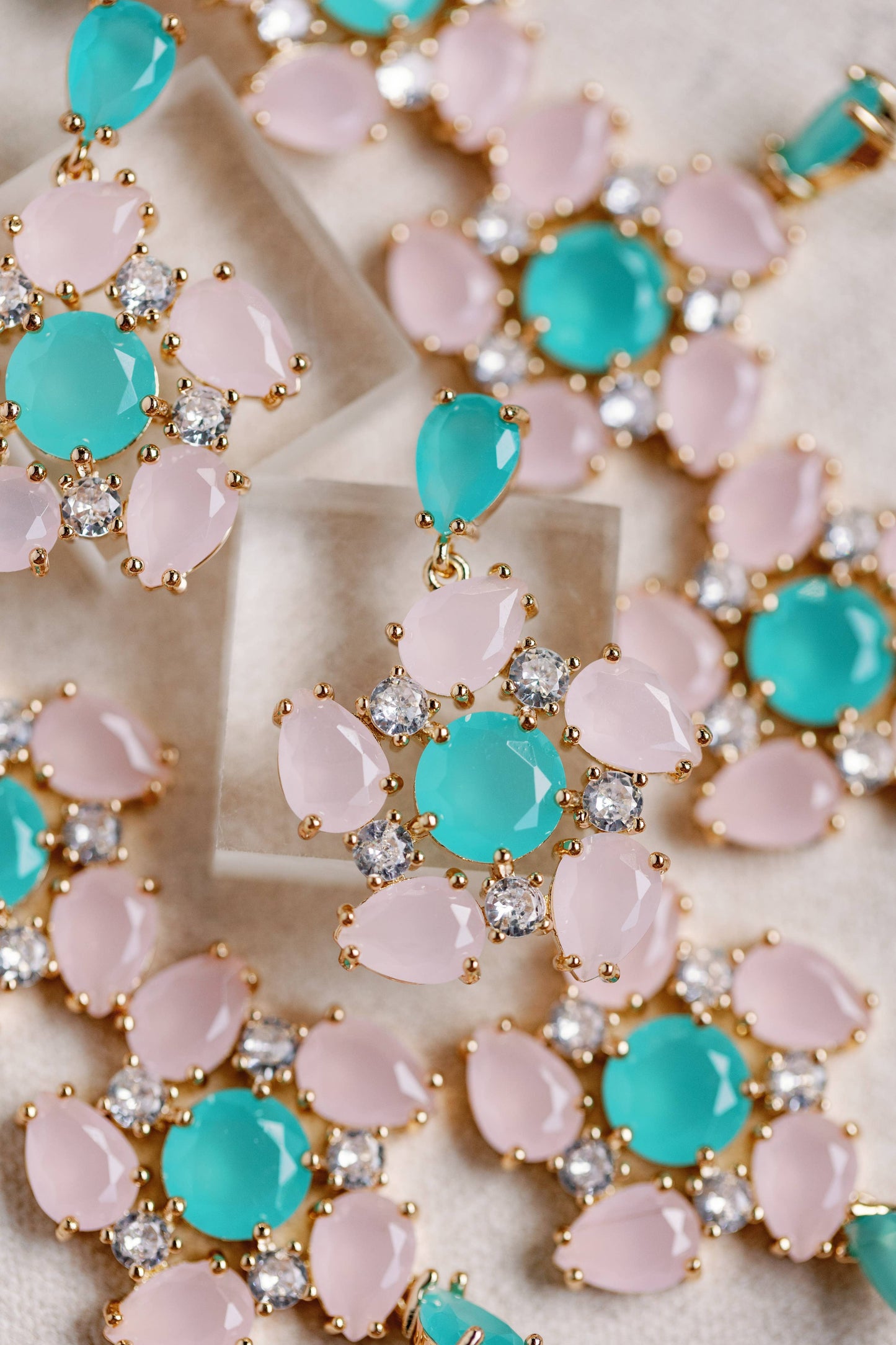 St Armands Designs of Sarasota - Pink and Turquoise Diamond Pinwheel Statement Earrings