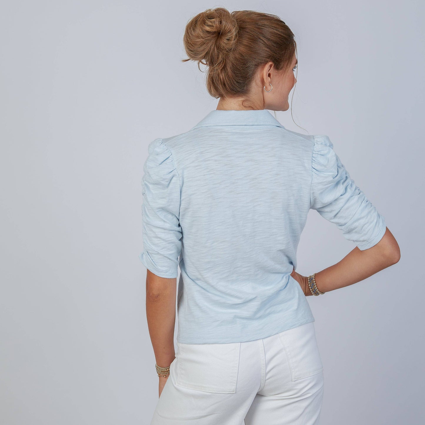 erin gray - Grace Button-Up Elbow-Length Tee in Sky Blue