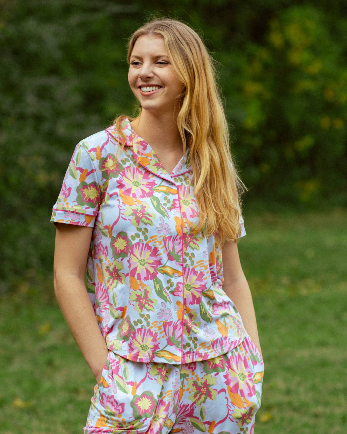 The Royal Standard - Summer Bouquet Short Sleeve Button Up Sleep Shirt   Pink/Blue/Multi