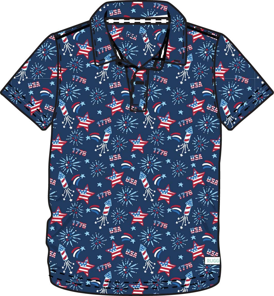 RuffleButts + RuggedButts - Boys Red White & Boom Fireworks Knit Short Sleeve Performance Polo