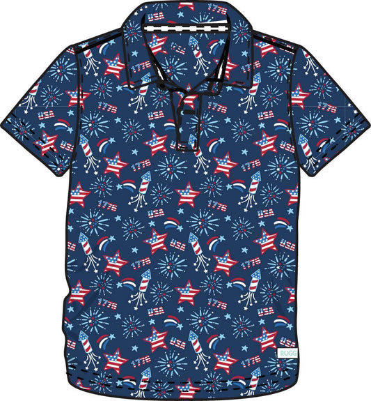 RuffleButts + RuggedButts - Boys Red White & Boom Fireworks Knit Short Sleeve Performance Polo