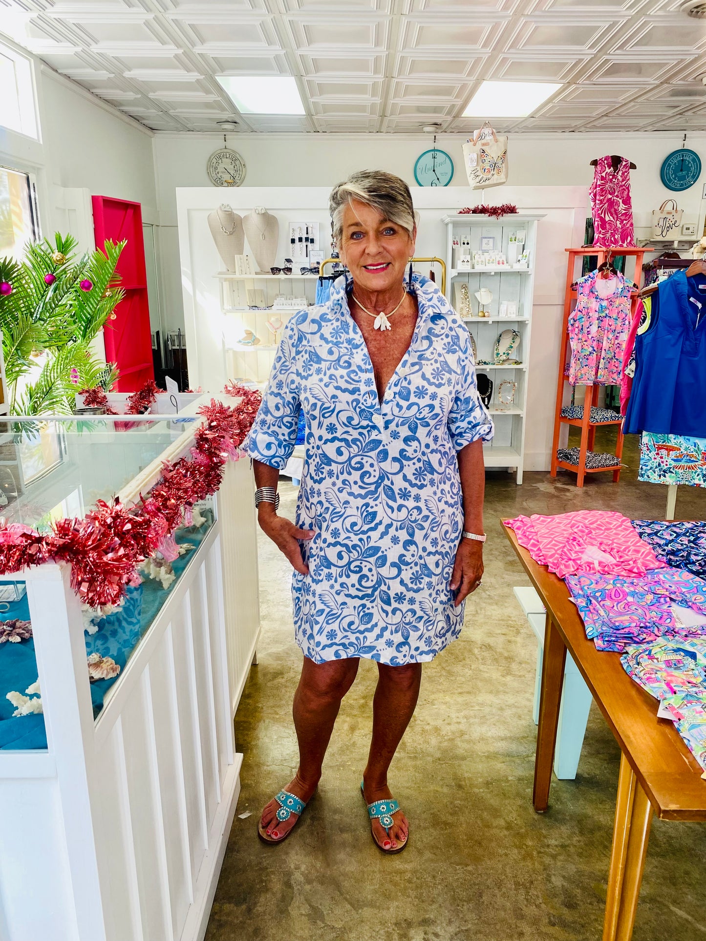 Sophia Dress - Blue Bird Print on White Background