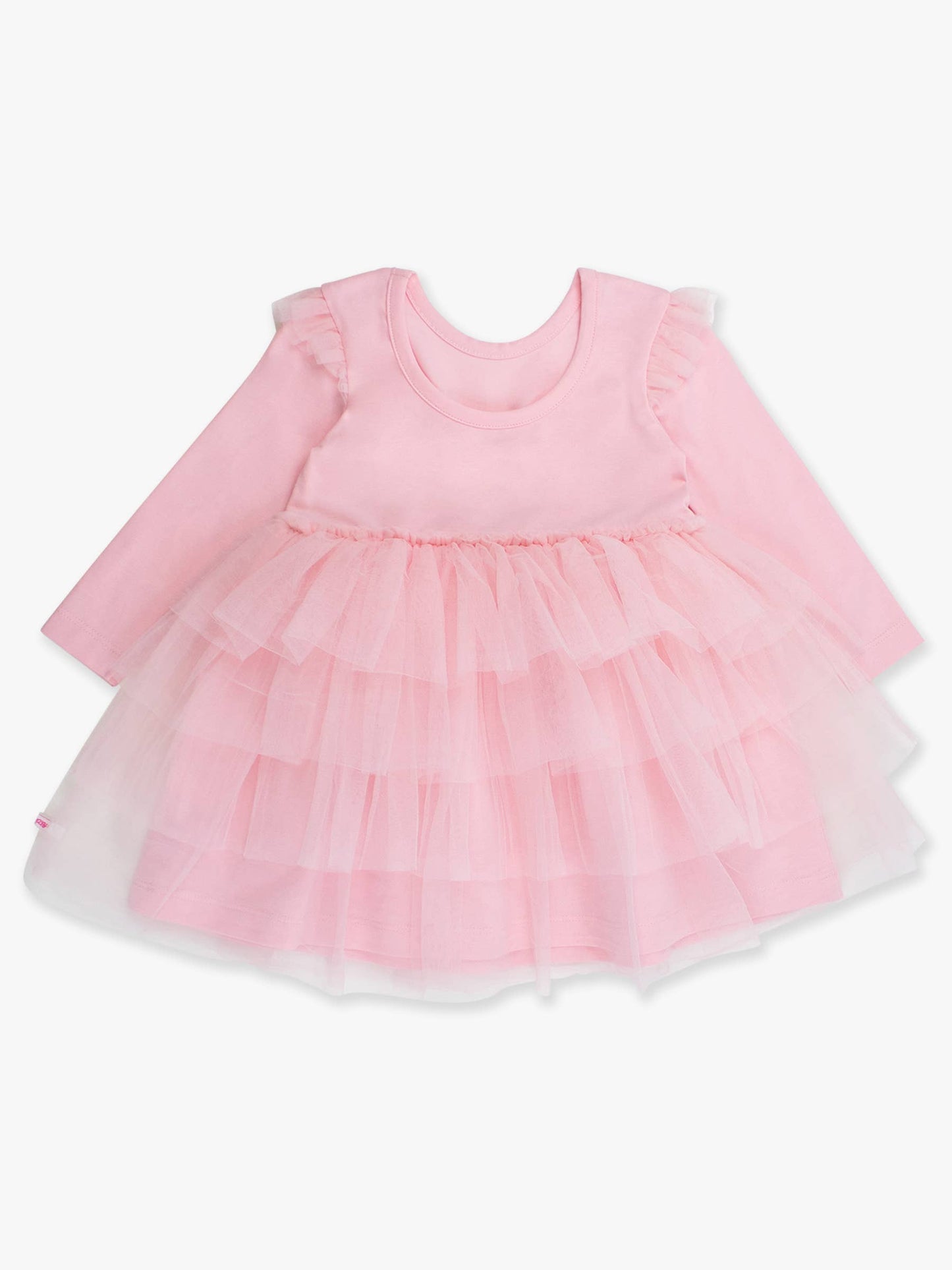 RuffleButts + RuggedButts - Girls Pink Flutter Tulle Long Sleeve Twirl Dress