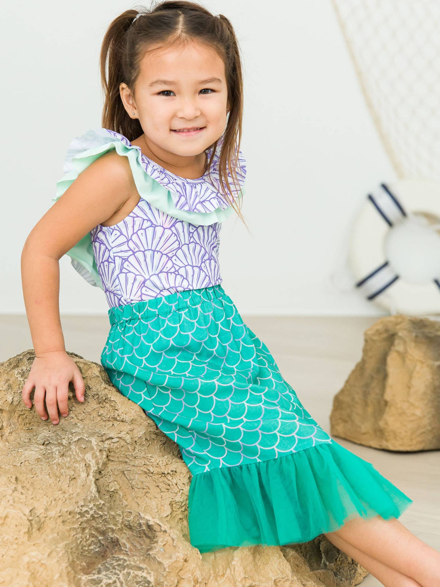 RuffleButts + RuggedButts - Girls Marine Green Scales Mermaid Tail Skirt Cover-Up