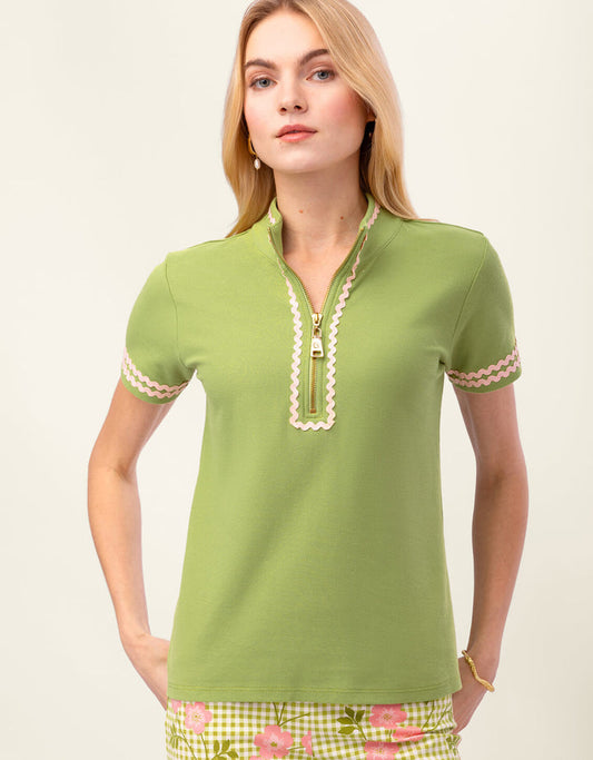 Spartina - Serena Ric Rac Short Sleeve Zip Top Green Meadow L
