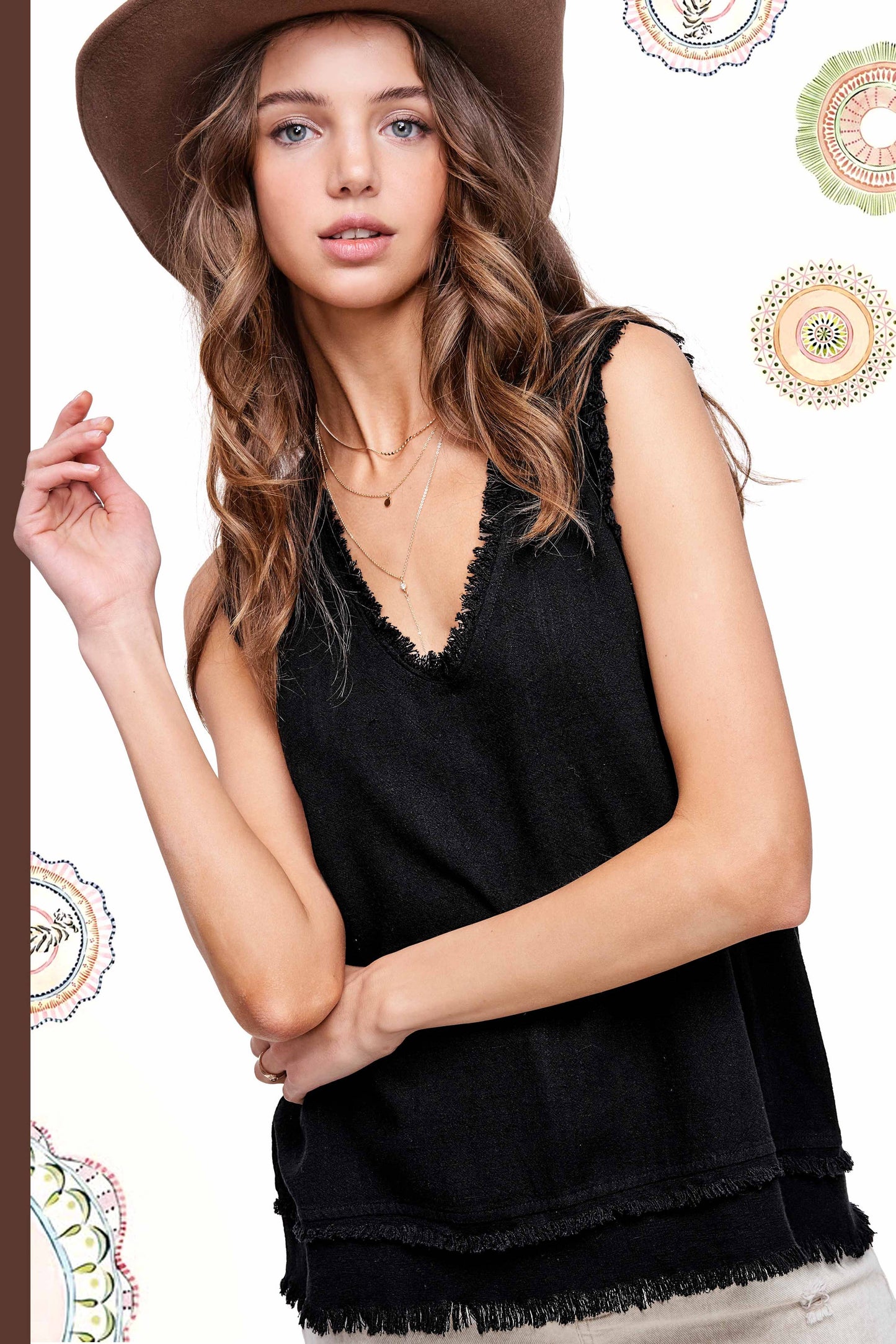 La Miel - Soft Washed Gauze Cut Edge Sleeveless V-neck Top
