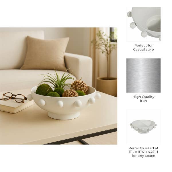 Sagebrook Home - Decorative Bowl - White Iron/Fir Wood Hobnail, 11 in.
