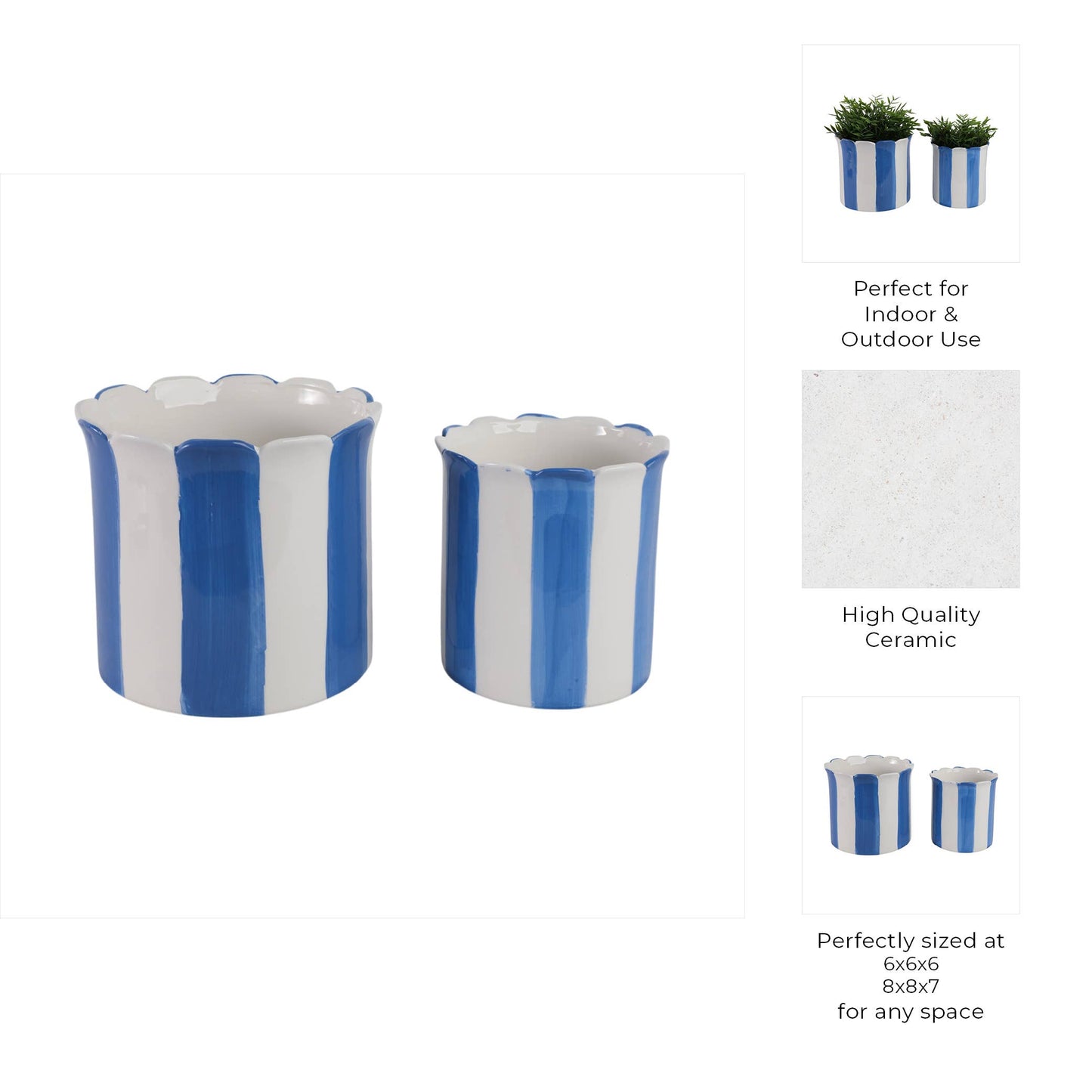 Sagebrook Home - Planters Set of 2 - Blue Ceramic Striped Scallop, 6/8 in.
