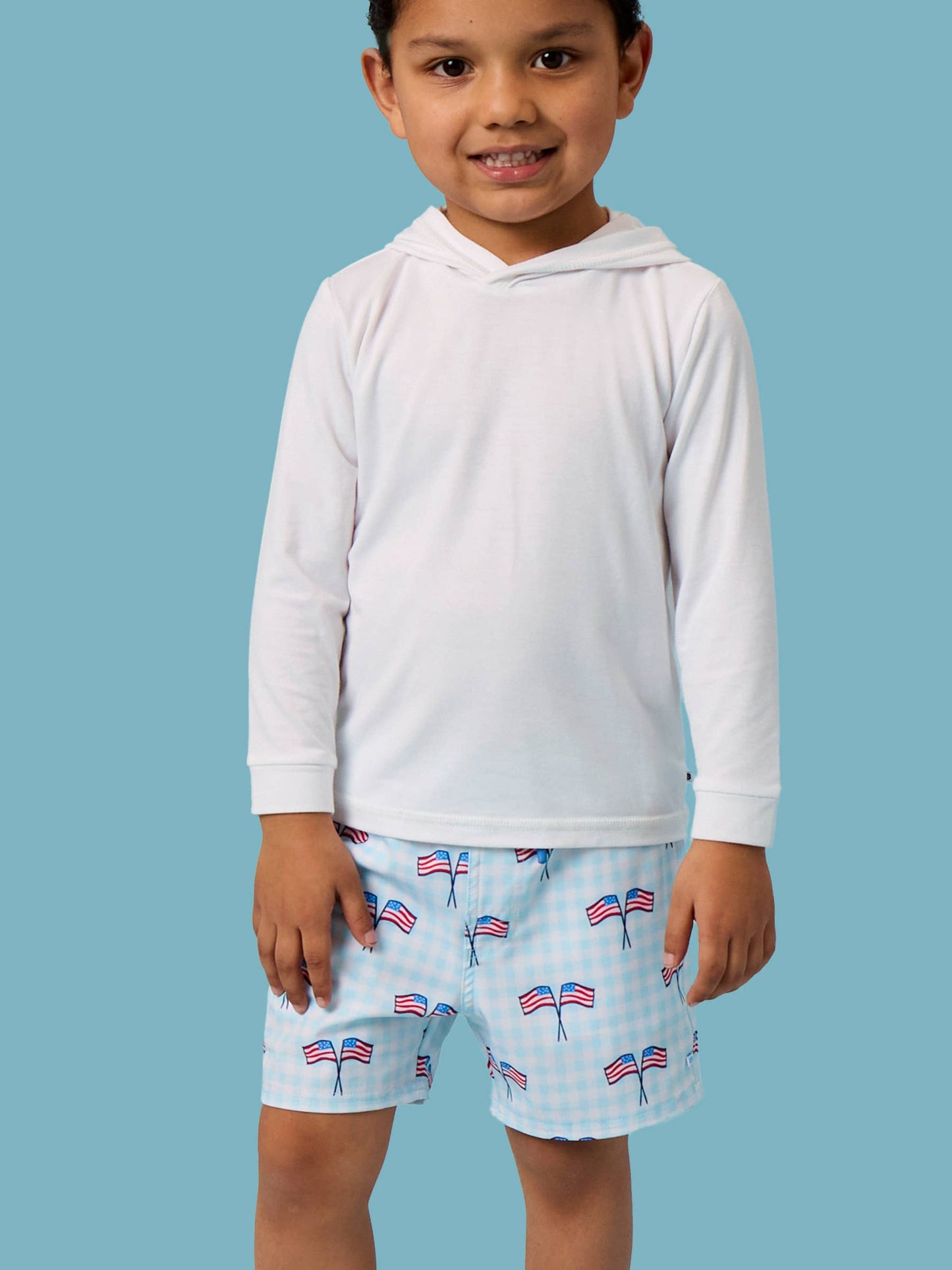RuffleButts + RuggedButts - Boys Blue Patriotic Gingham Performance Hybrid Swim Trunks