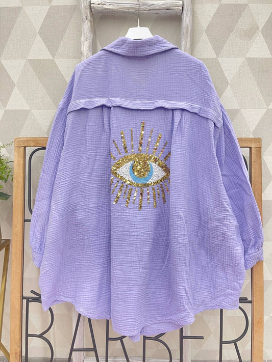 LOOWIE - Purple Oversized Evil Eye Gauze Cotton Shirt
