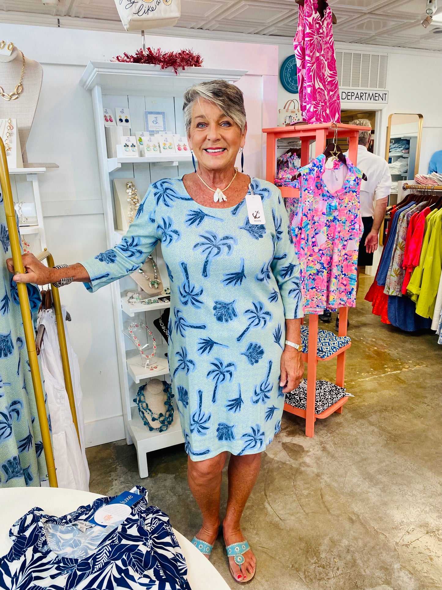 Blue Palm Print 3/4 Sleeve Dress