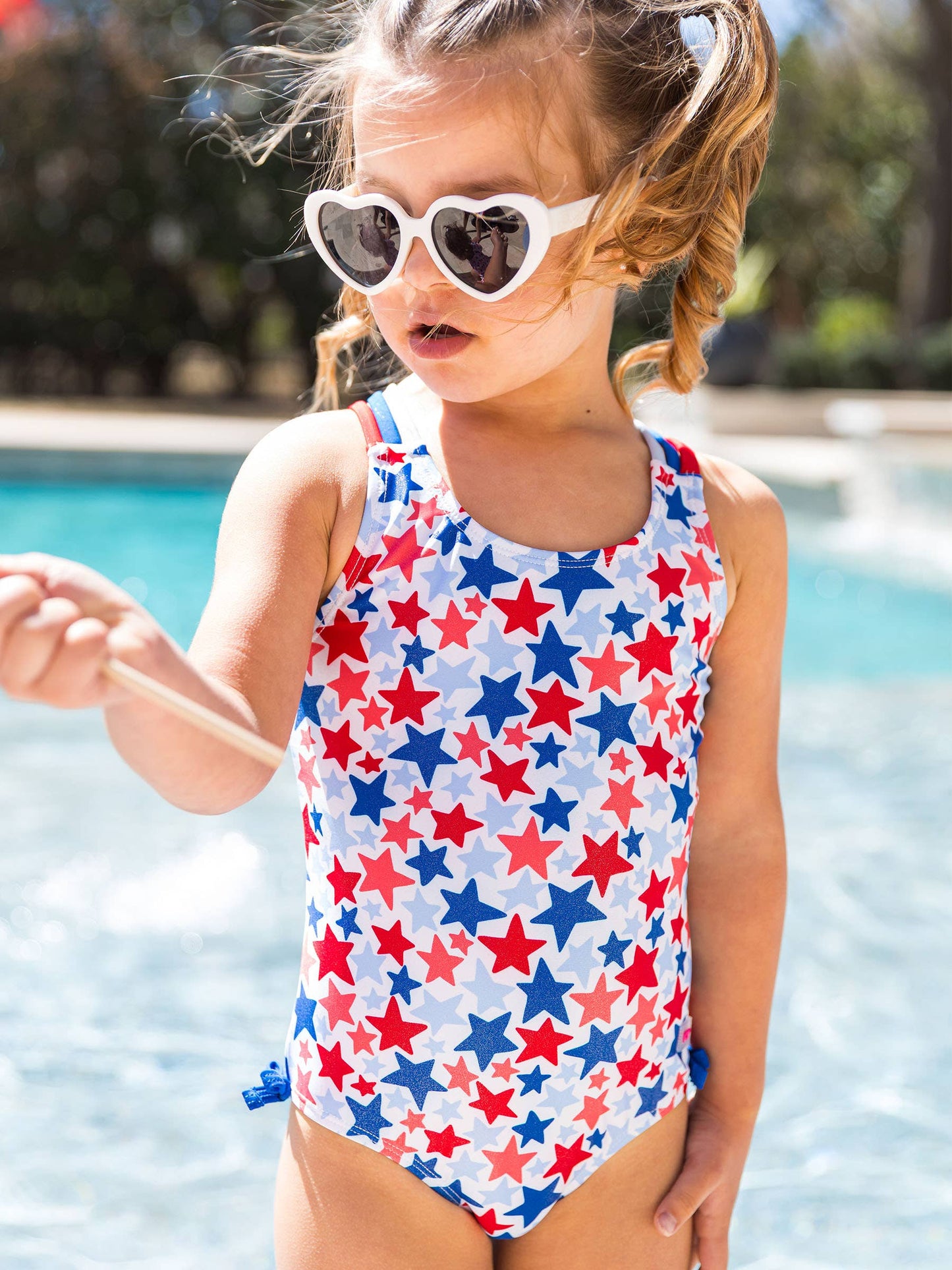 RuffleButts + RuggedButts - Girls Shimmer Star-Spangled Cross-Back One Piece Swimsuit