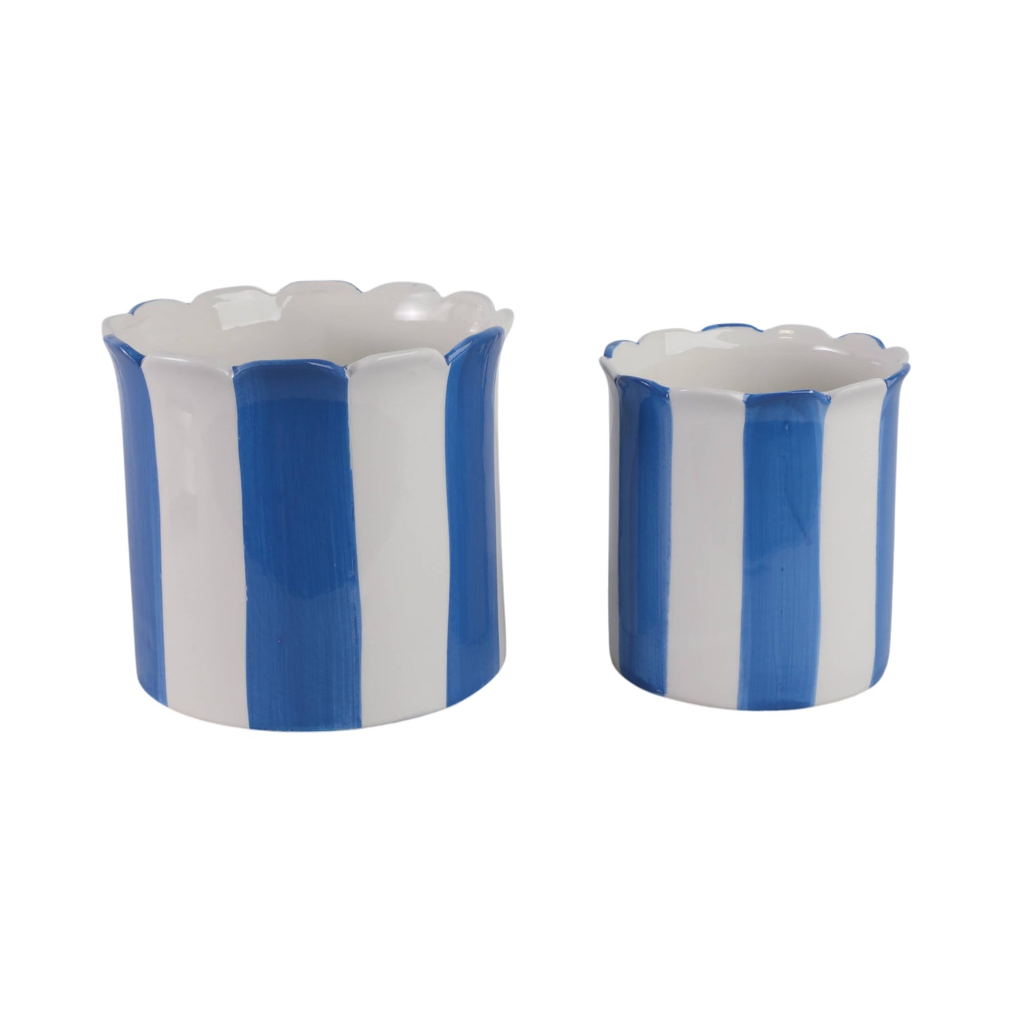 Sagebrook Home - Planters Set of 2 - Blue Ceramic Striped Scallop, 6/8 in.