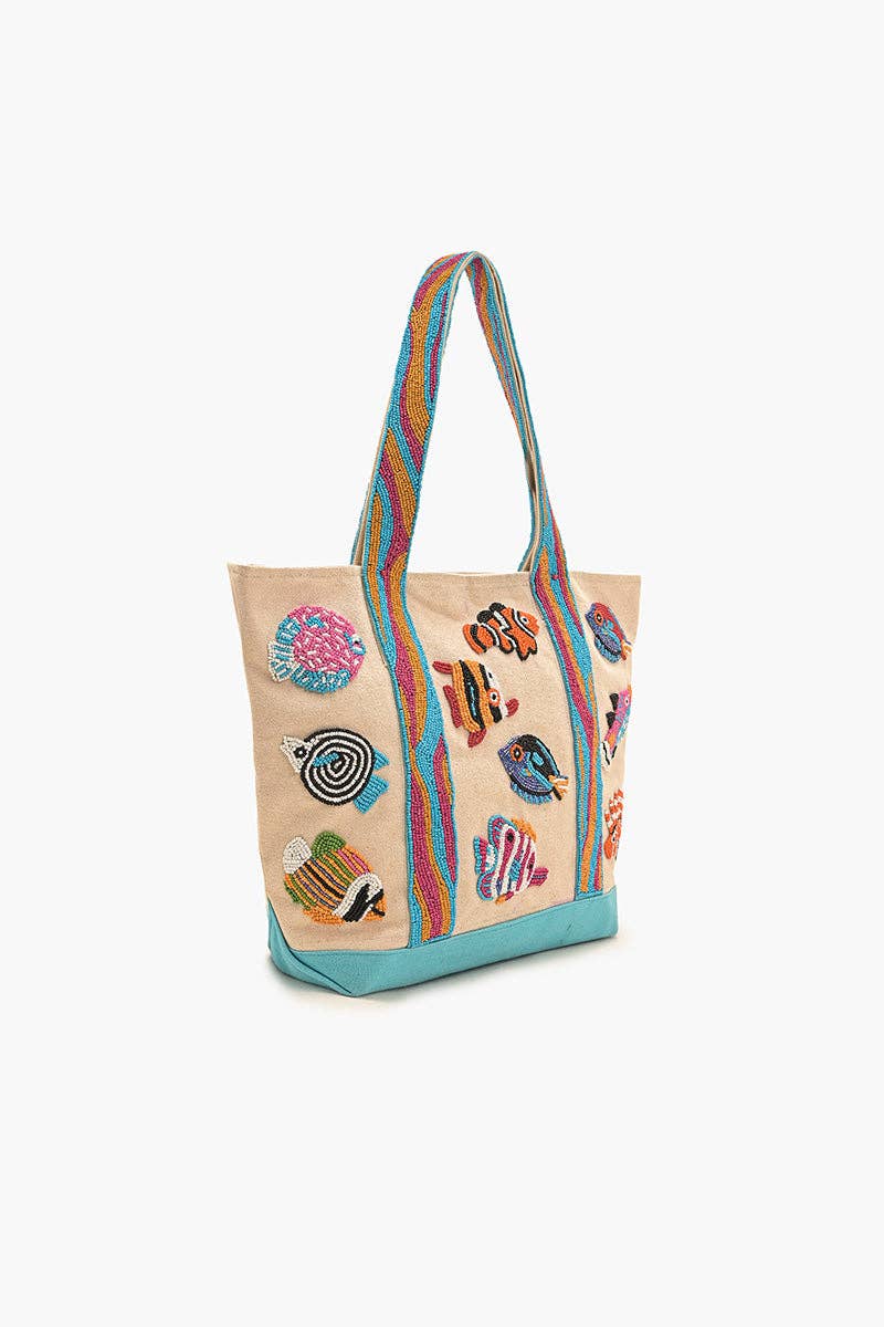 America & Beyond - Colorful Fish Beaded Boat Tote