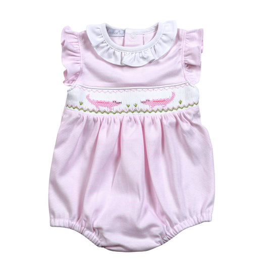 Hug Me First - PINK STRIPES ALLEGATORS HAND SMOCKED PIMA BUBBLE