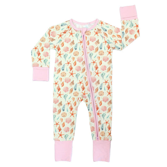 Emerson and Friends - Sandy Seashells Beachy Bamboo Convertible Baby Pajamas
