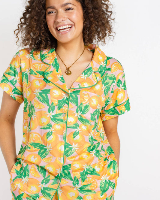 The Royal Standard - Orange Grove Short Sleeve Button Up Sleep Shirt   Pink/Orange