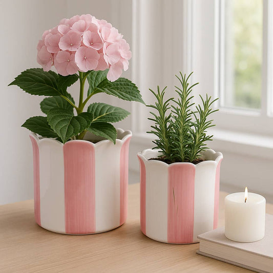 Sagebrook Home - Planters Set of 2 - Pink Ceramic Striped Scallop, 6/8 in.