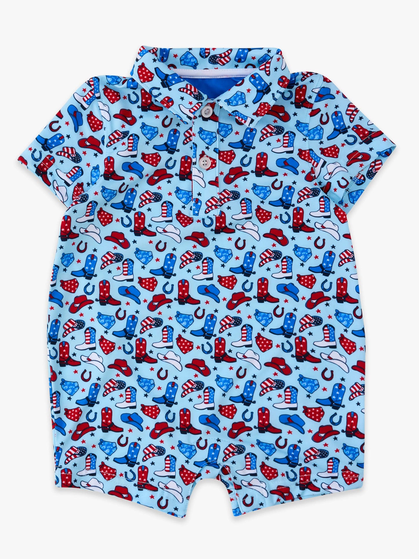 RuffleButts + RuggedButts - Baby Boys Blue Stars & Spurs Performance Polo Romper