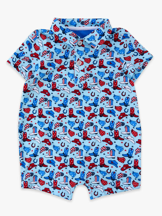 RuffleButts + RuggedButts - Baby Boys Blue Stars & Spurs Performance Polo Romper