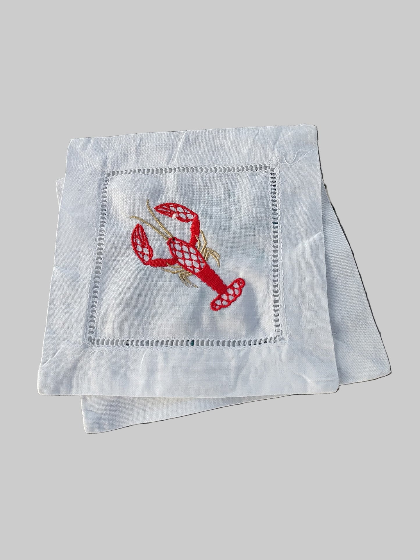 Lobster Embroidered Linen Cocktail Napkins - Set of 4