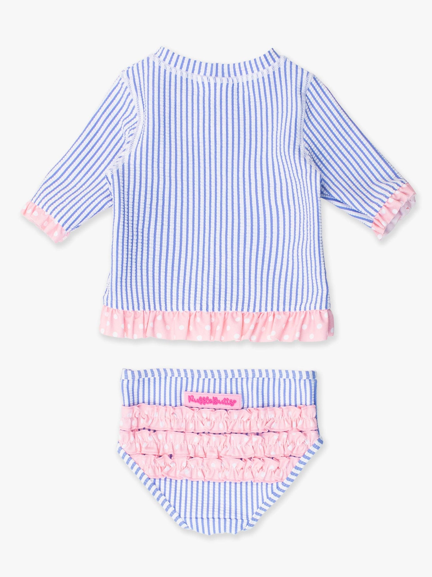RuffleButts + RuggedButts - Girls Periwinkle Blue Seersucker Short Sleeve Ruffle Rash Guard 2-Piece Swimsuit with Signature Rear Ruffles