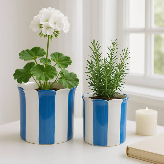 Sagebrook Home - Planters Set of 2 - Blue Ceramic Striped Scallop, 6/8 in.