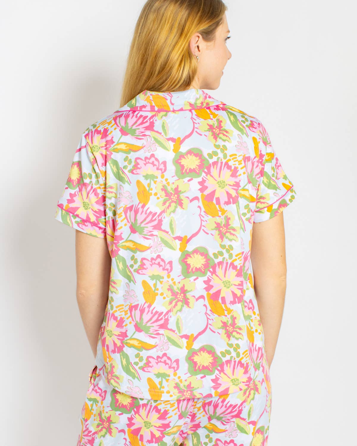The Royal Standard - Summer Bouquet Short Sleeve Button Up Sleep Shirt   Pink/Blue/Multi