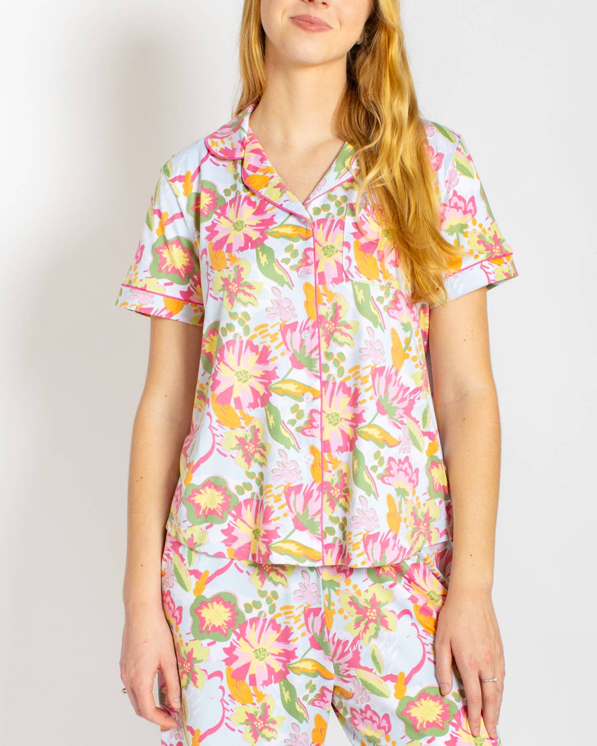 The Royal Standard - Summer Bouquet Short Sleeve Button Up Sleep Shirt   Pink/Blue/Multi