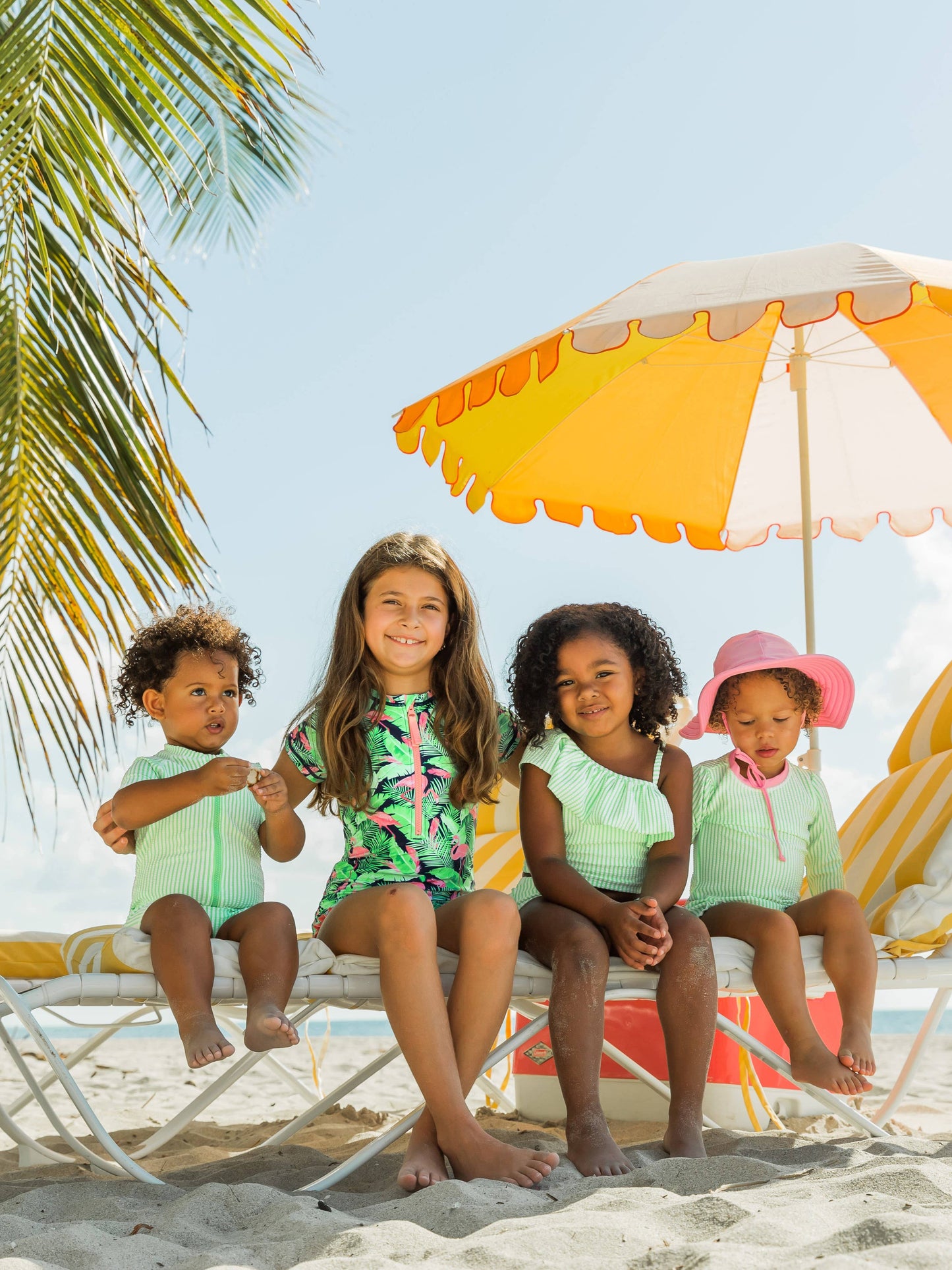 RuffleButts + RuggedButts - Baby Girls Spring Green Seersucker Long Sleeve One Piece Rash Guard Swimsuit with Signature Rear Ruffles