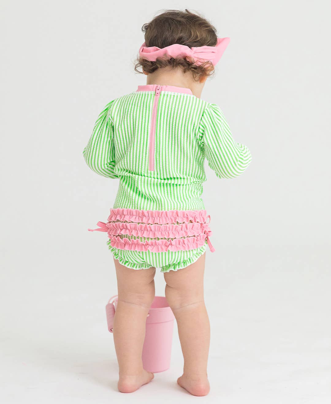 RuffleButts + RuggedButts - Baby Girls Spring Green Seersucker Long Sleeve One Piece Rash Guard Swimsuit with Signature Rear Ruffles