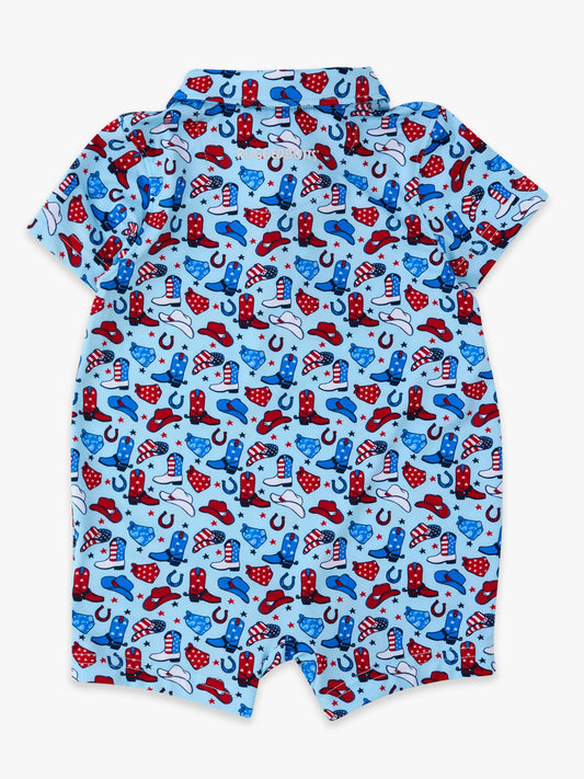 RuffleButts + RuggedButts - Baby Boys Blue Stars & Spurs Performance Polo Romper