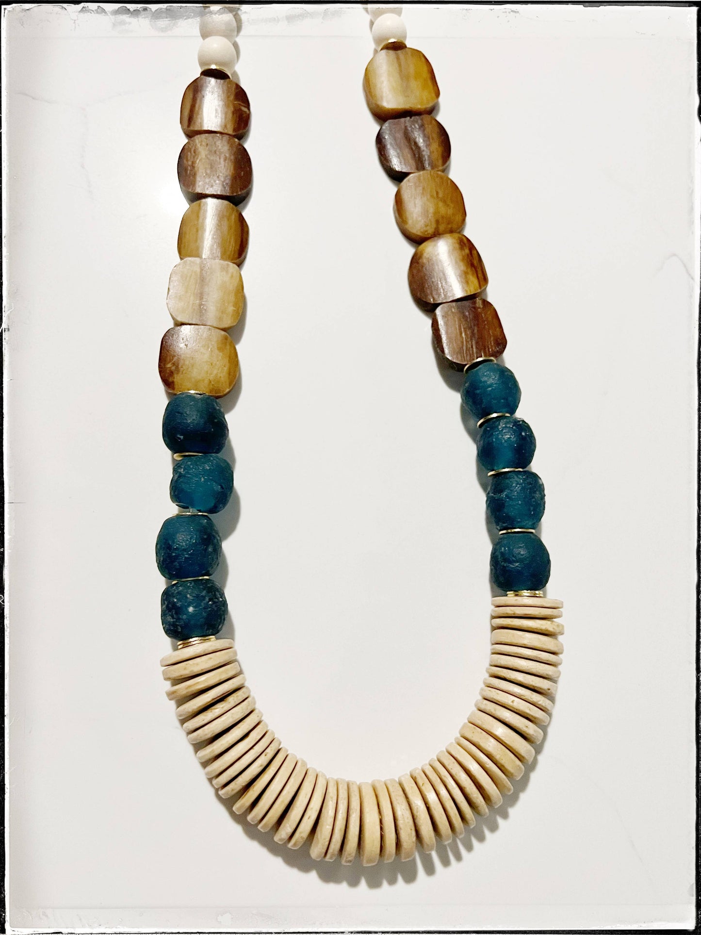 GentrybyJenna - Teal Recycled Glass & Tan African Bone Bead Long Necklace