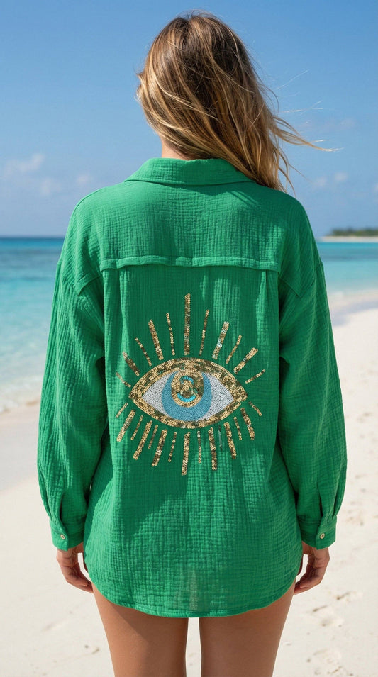 LOOWIE - VIEYEE Italian OS Emerald Gauze Cotton Cover Up Button Shirt