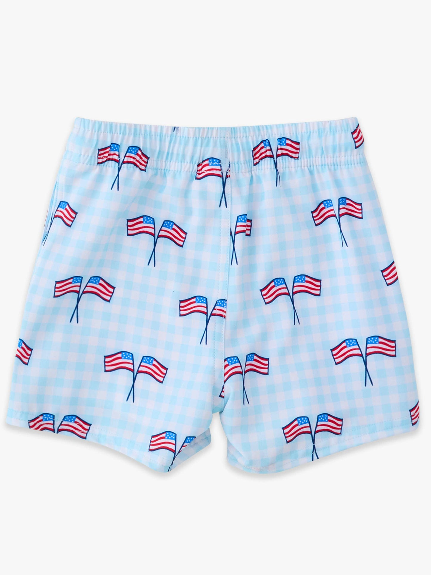 RuffleButts + RuggedButts - Boys Blue Patriotic Gingham Performance Hybrid Swim Trunks