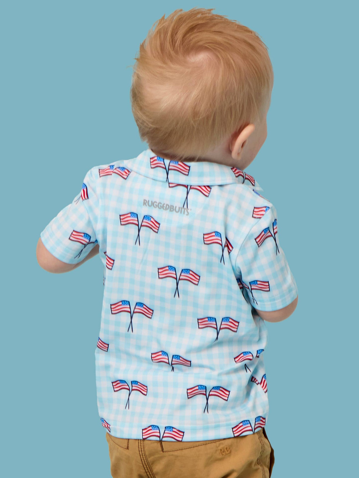 RuffleButts + RuggedButts - Boys Blue Patriotic Gingham Knit Short Sleeve Performance Polo