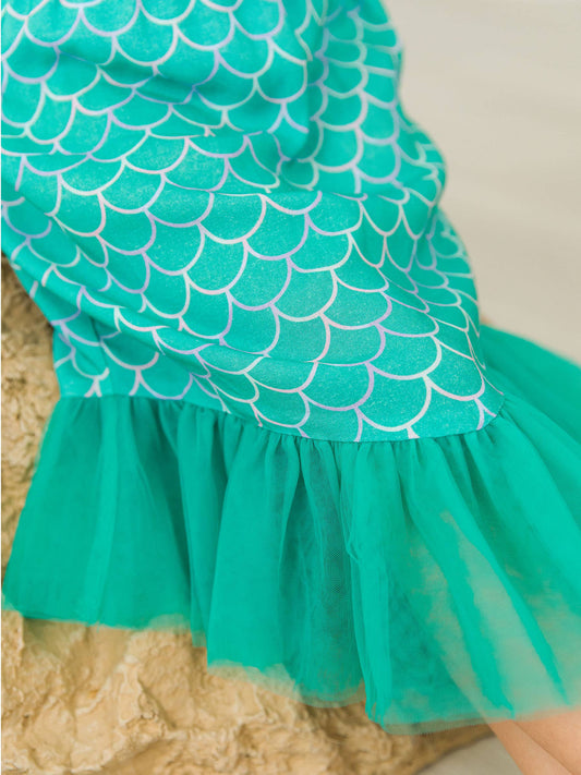 RuffleButts + RuggedButts - Girls Marine Green Scales Mermaid Tail Skirt Cover-Up