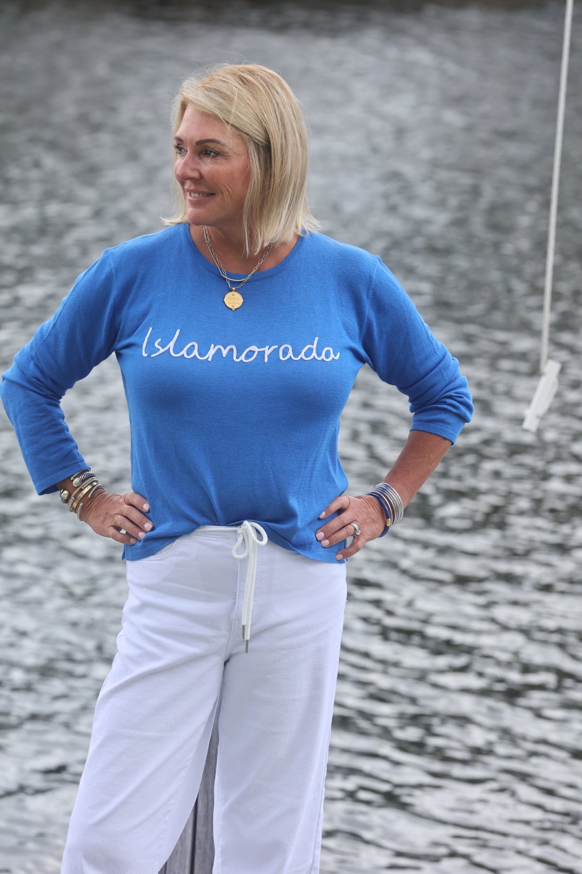 Hiho - Islamorada  Royal Blue Crew Neck Sweater with Embroidery